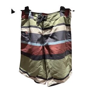 Men's Patagonia Striped Green Red Blue Gray Drawstring Bermuda Shorts Size 28